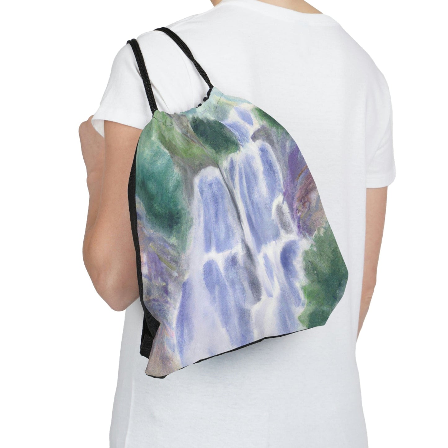 Drawstring Bag - Purple Watercolor Waterfall Green Landscape Nature Print