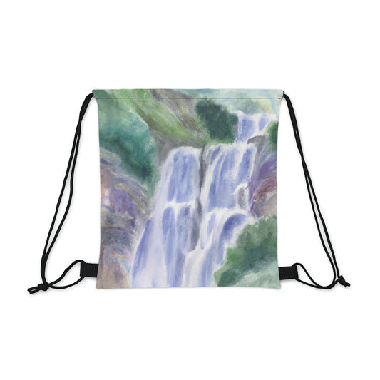 Drawstring Bag - Purple Watercolor Waterfall Green Landscape Nature Print